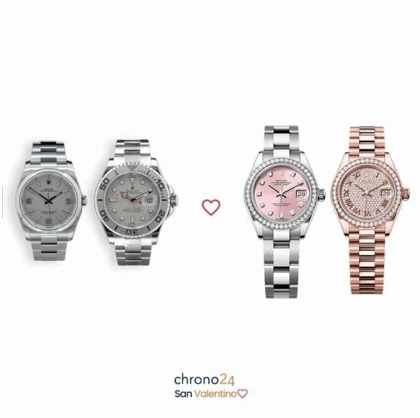 Combo di 4 orologi Rolex Oyster Perpetual con Quadrante Argento + Rolex Yacht-Master in Acciaio con Quadrante Grigio Rodio + Rolex Datejust 31 con Quadrante Rosa e Diamanti + Rolex Datejust 31 in Oro Everose con Pavé di Diamanti
